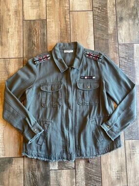 Indigo Thread Co Olive Green Military-Style Embellished Jacket